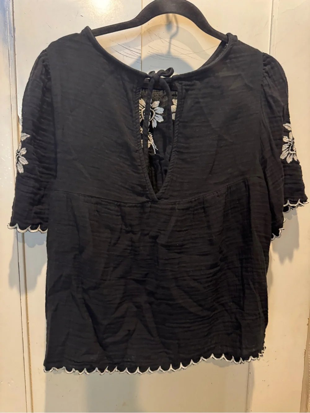 Old Navy Black Peasant Top with White Floral Embroidery